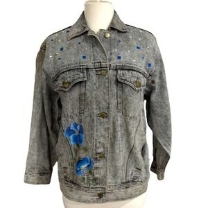 Vintage 80’s Acid Wash Bedazzled & Painted Black Jean Jacket SZ M Oversized